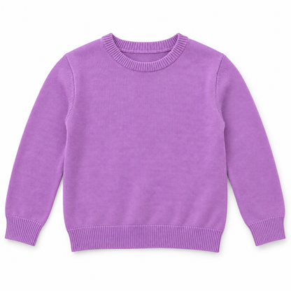Girls' Plain Crew Neck Knit Pullover in Purple — flat view, style 26152332