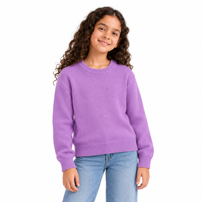 Girls' Plain Crew Neck Knit Pullover in Purple — model view, style 26152332