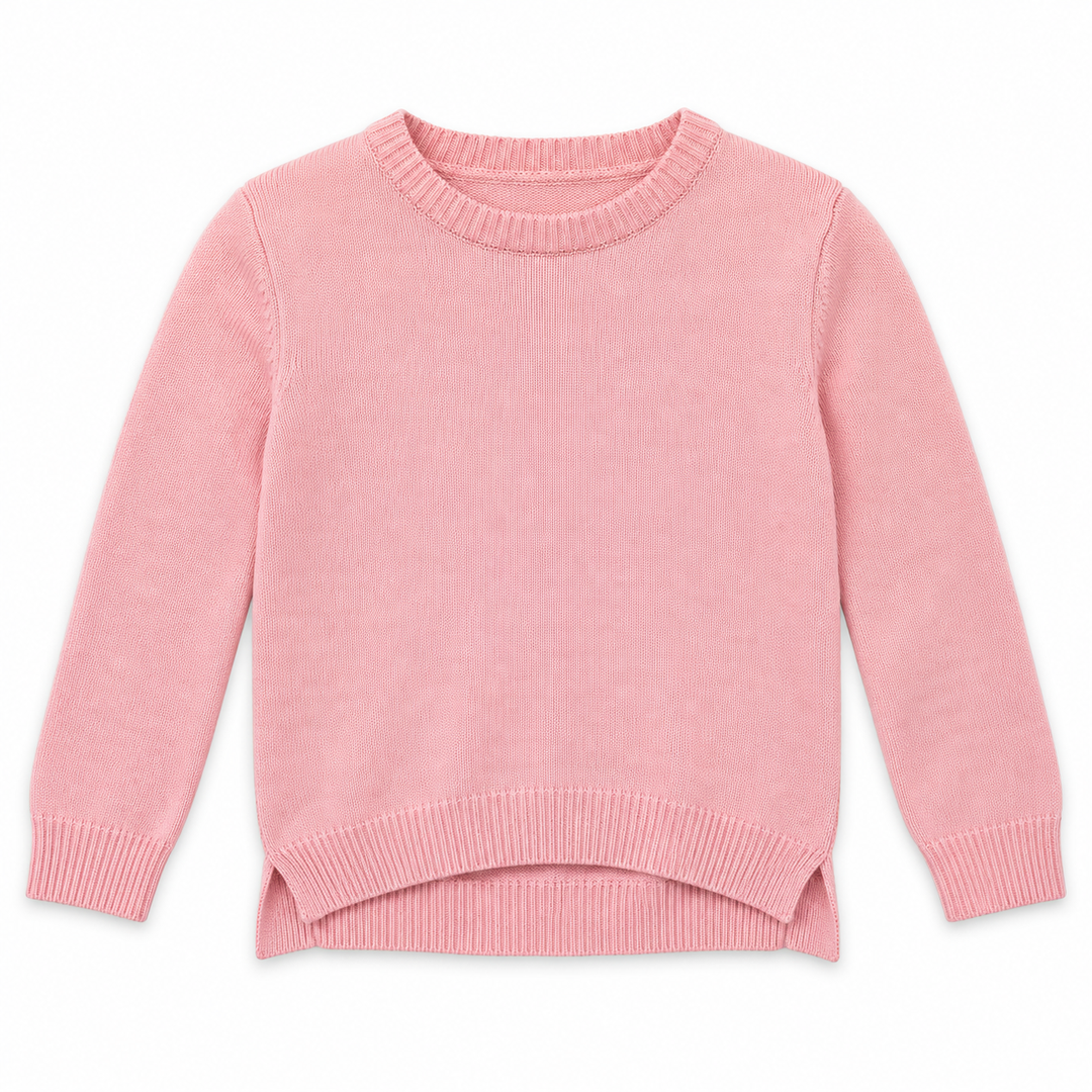 Girls' Plain Crew Neck Knit Pullover in Salmon — flat view, style 26152332