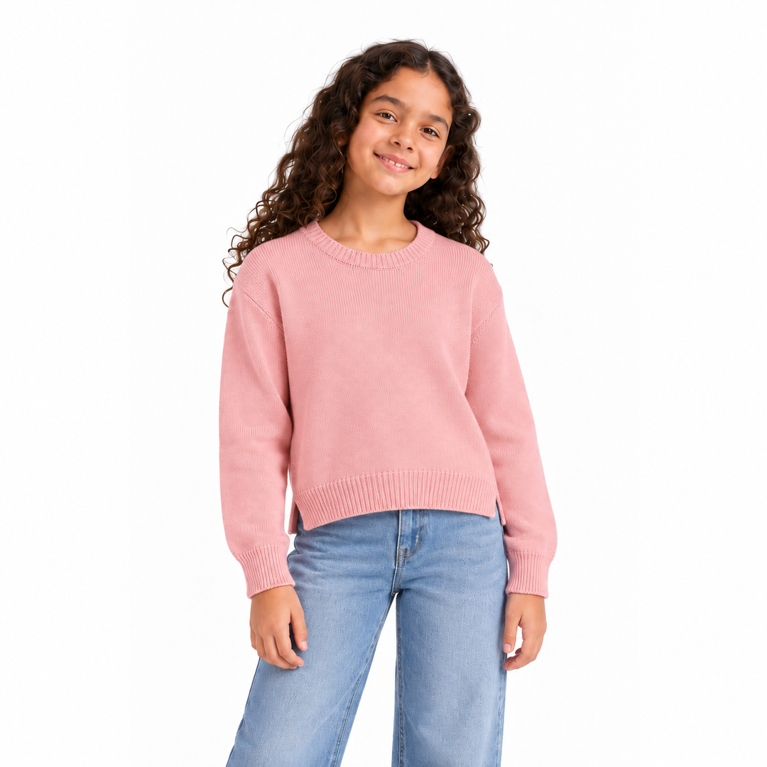 Girls' Plain Crew Neck Knit Pullover in Salmon — model view, style 26152332