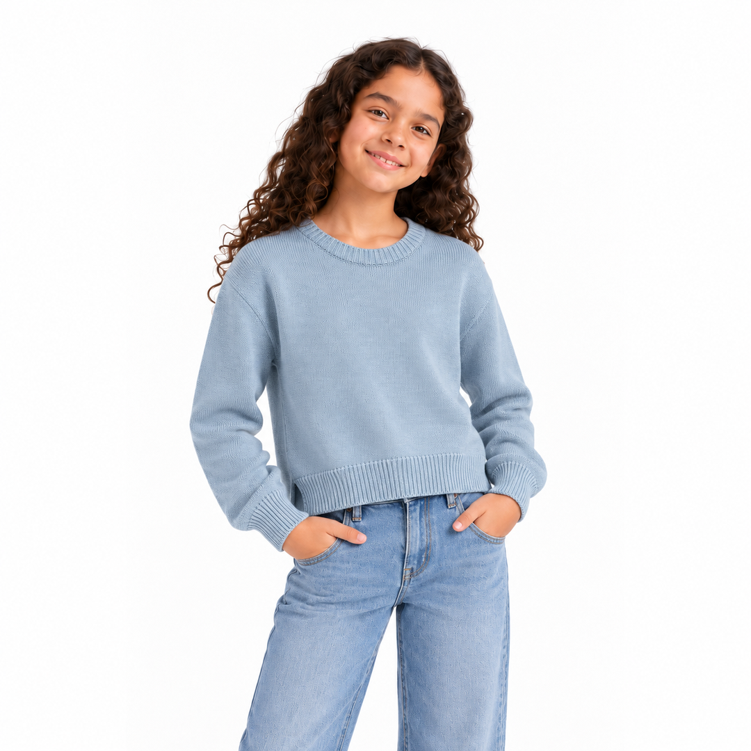 Girls' Plain Crew Neck Knit Pullover in Silver — model view, style 26152332