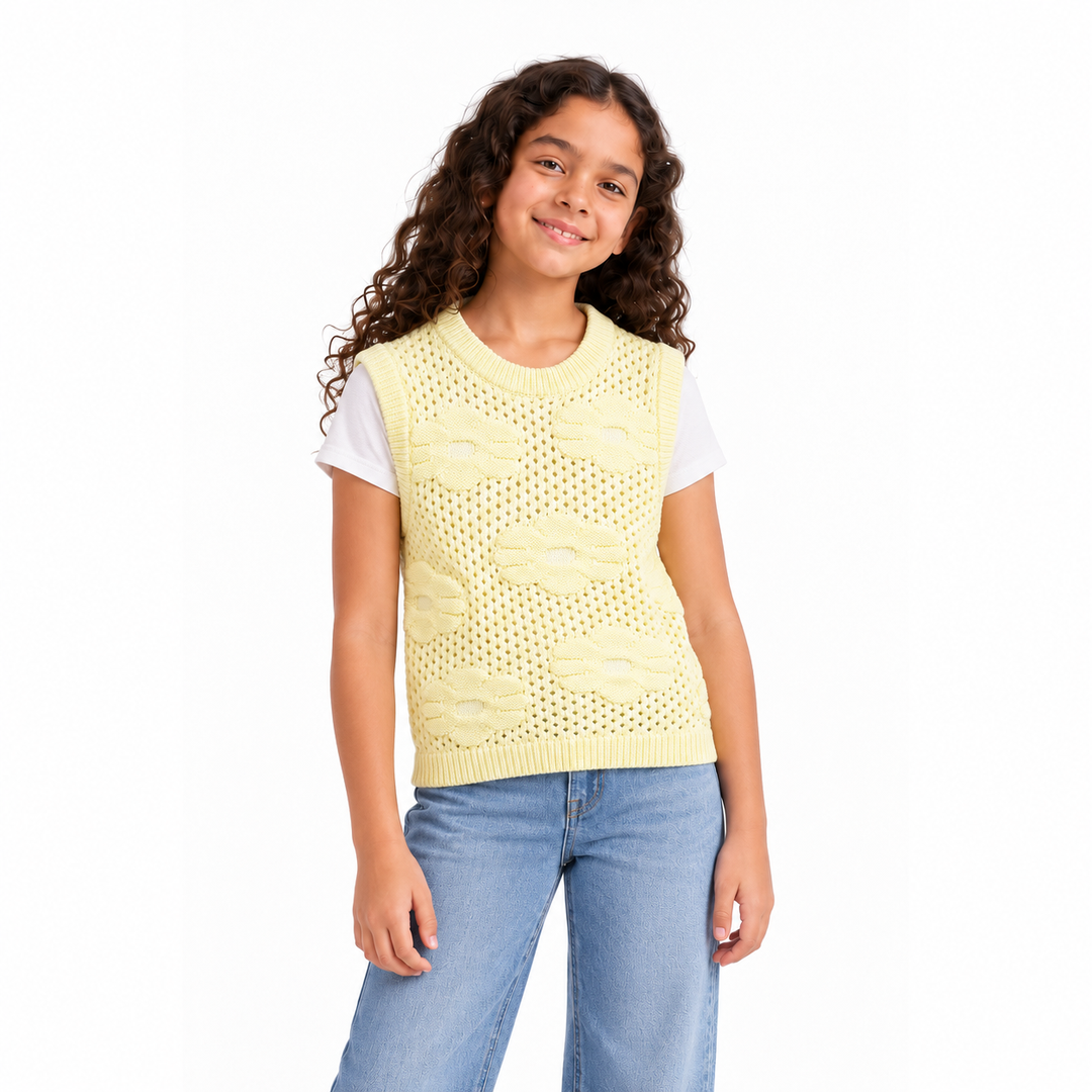 Girls' Textured Knit Vest in Yellow — model view, style 26152339