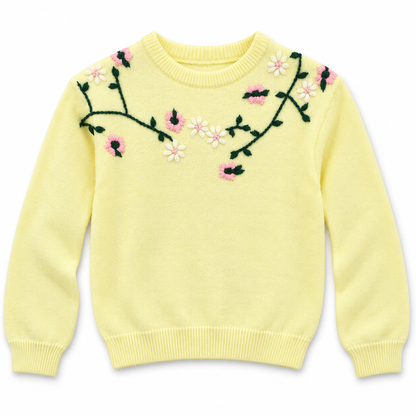 Girls' Embroidered Crew Neck Knit Pullover in Lightyelow — flat view, style 26152346