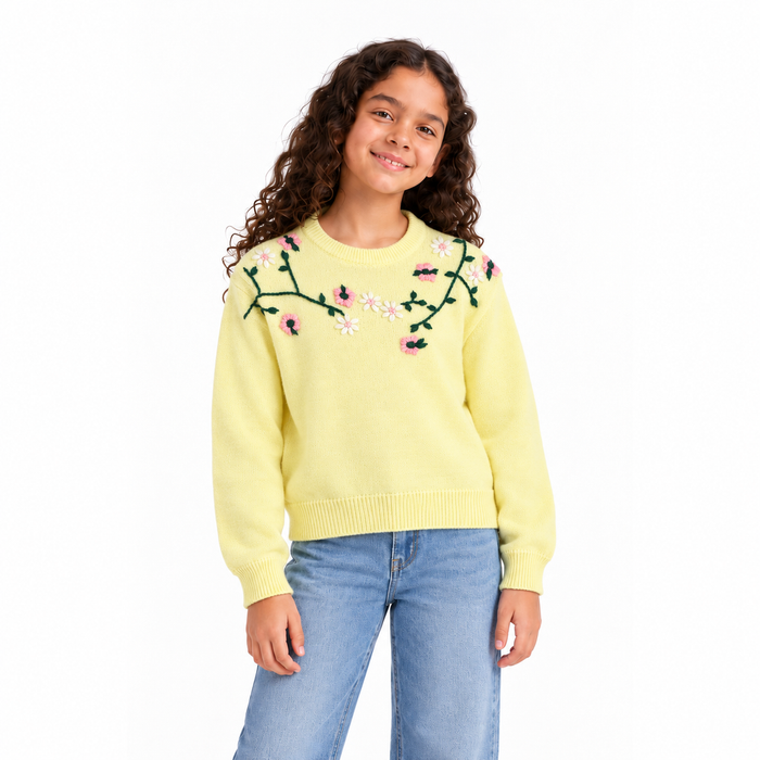 Girls' Embroidered Crew Neck Knit Pullover in Lightyelow — model view, style 26152346