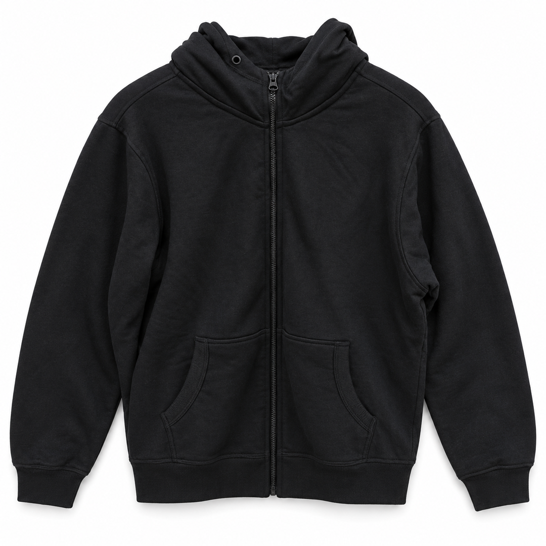 Men's Teddy Fleece Zip Hoodie in Black — flat view, style 26252221
