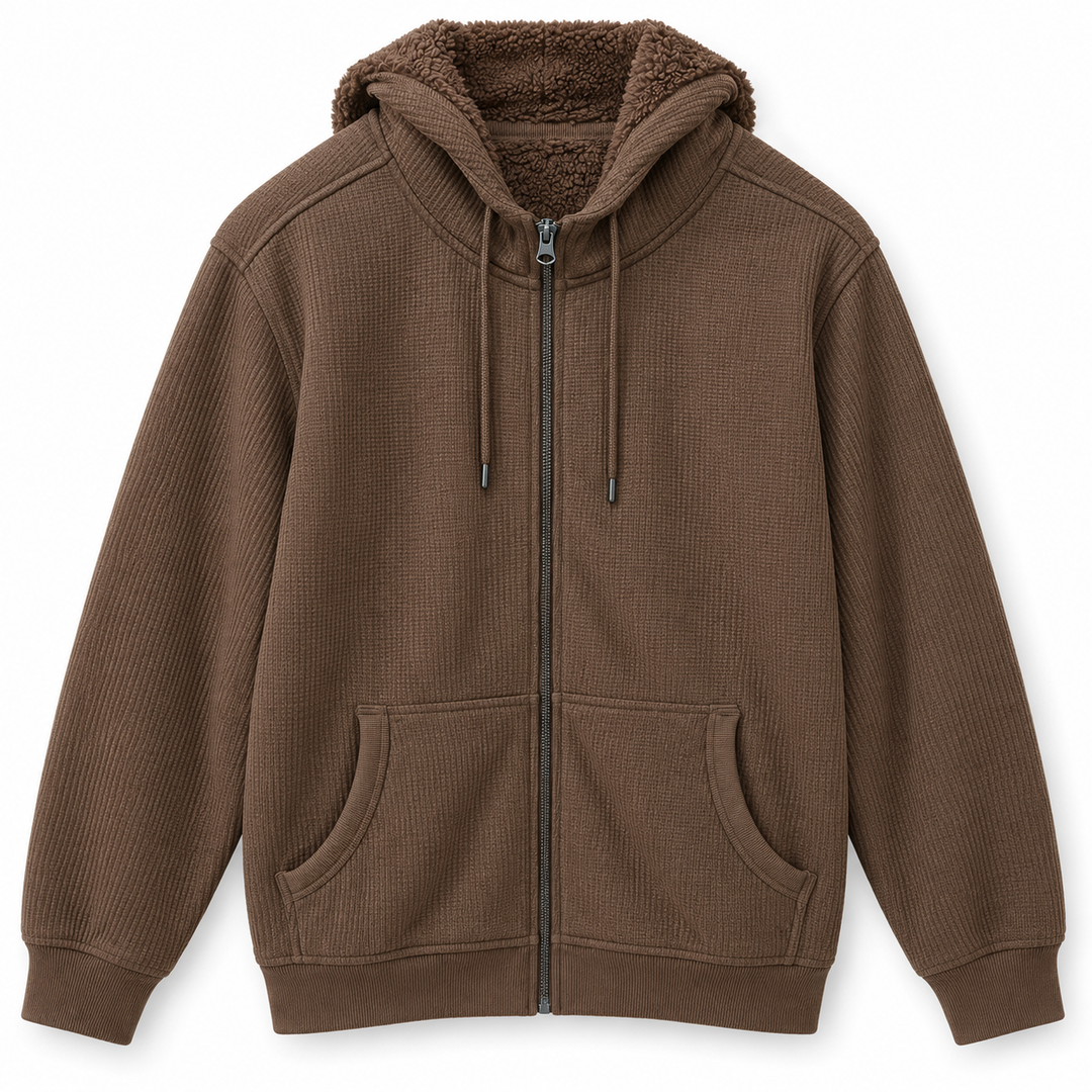 Men's Teddy Fleece Zip Hoodie in Brown — flat view, style 26252221