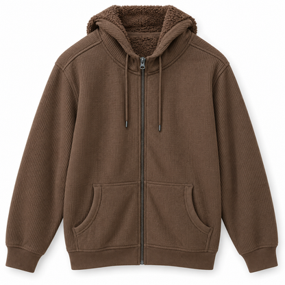 Men's Teddy Fleece Zip Hoodie in Brown — flat view, style 26252221
