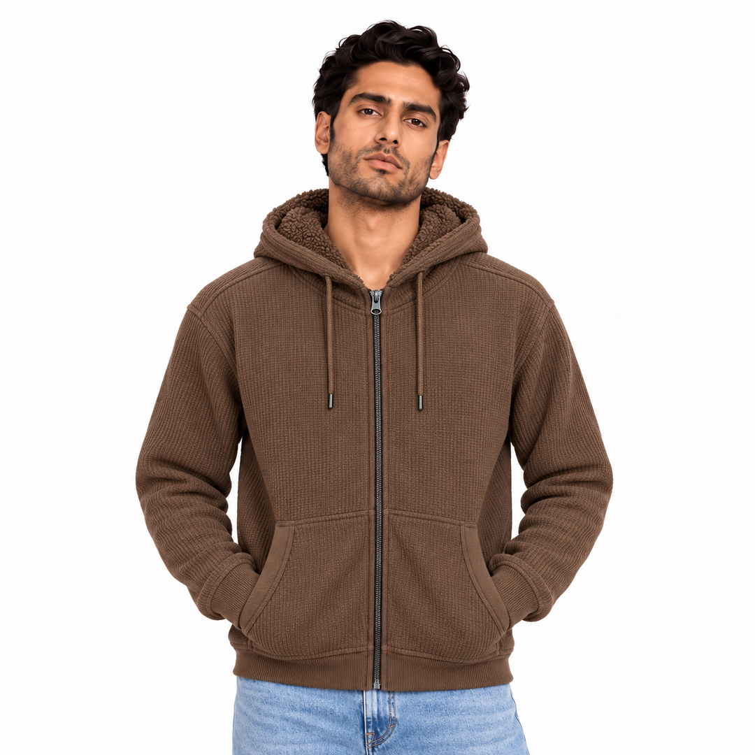 Men's Teddy Fleece Zip Hoodie in Brown — model view, style 26252221