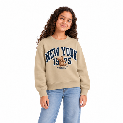 Girls' New York Graphic Sweatshirt in Beige — model view, style 26612310