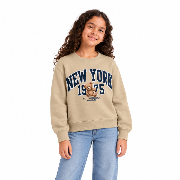 Girls' New York Graphic Sweatshirt in Beige — model view, style 26612310