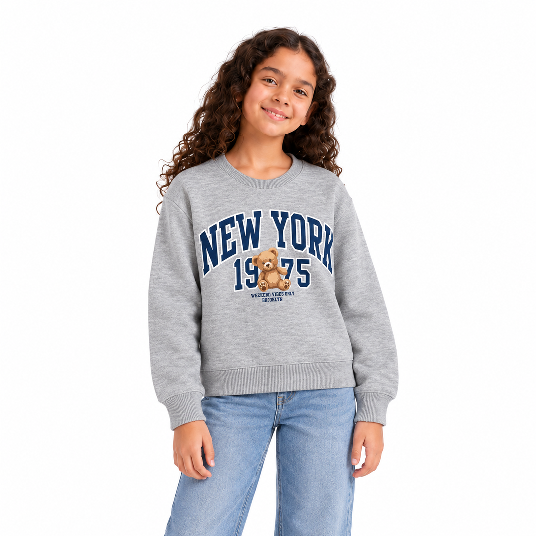 Girls' New York Graphic Sweatshirt in Greymelang — model view, style 26612310