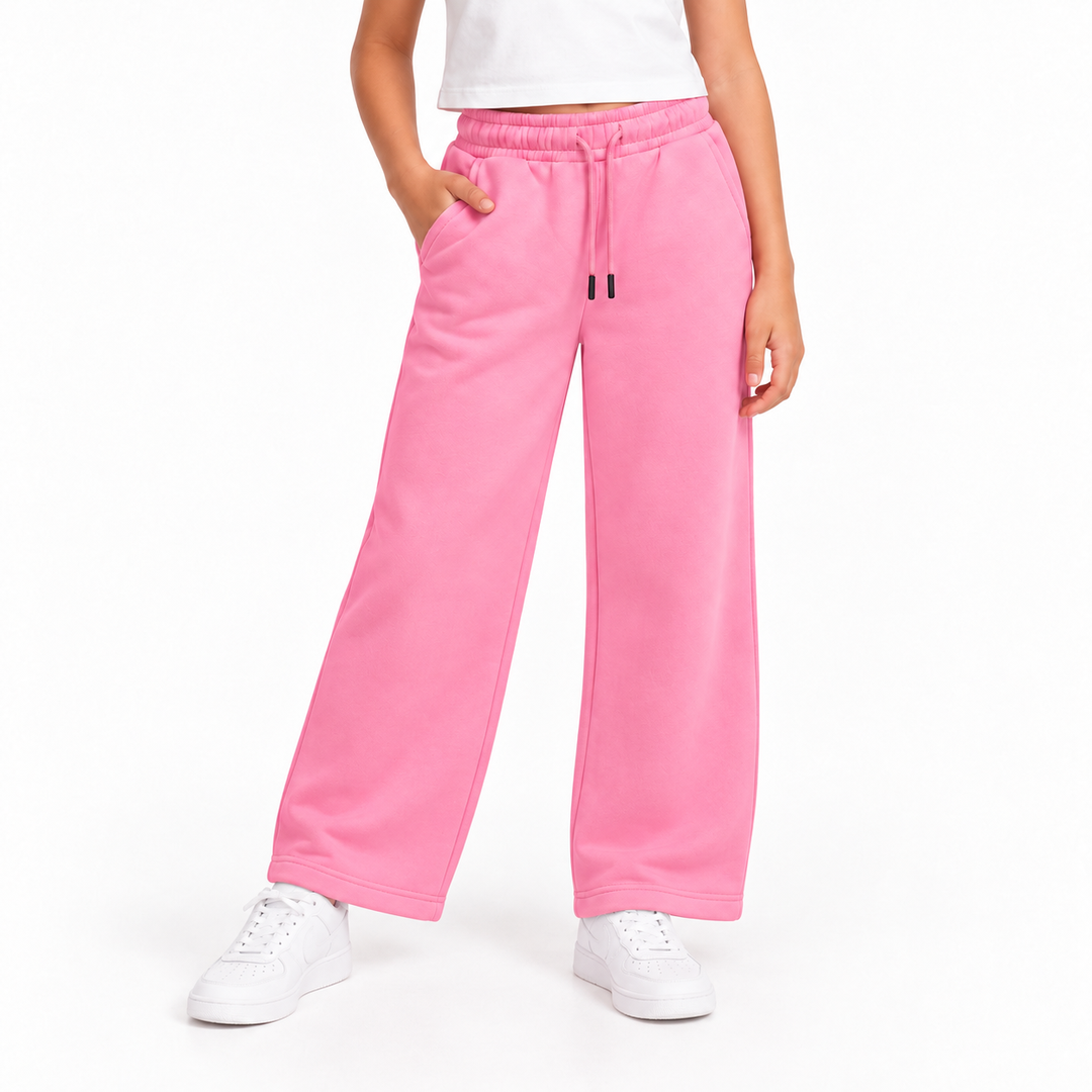 Girls' Plain Wide Leg Sweatpants in Pink — model view, style 26632301