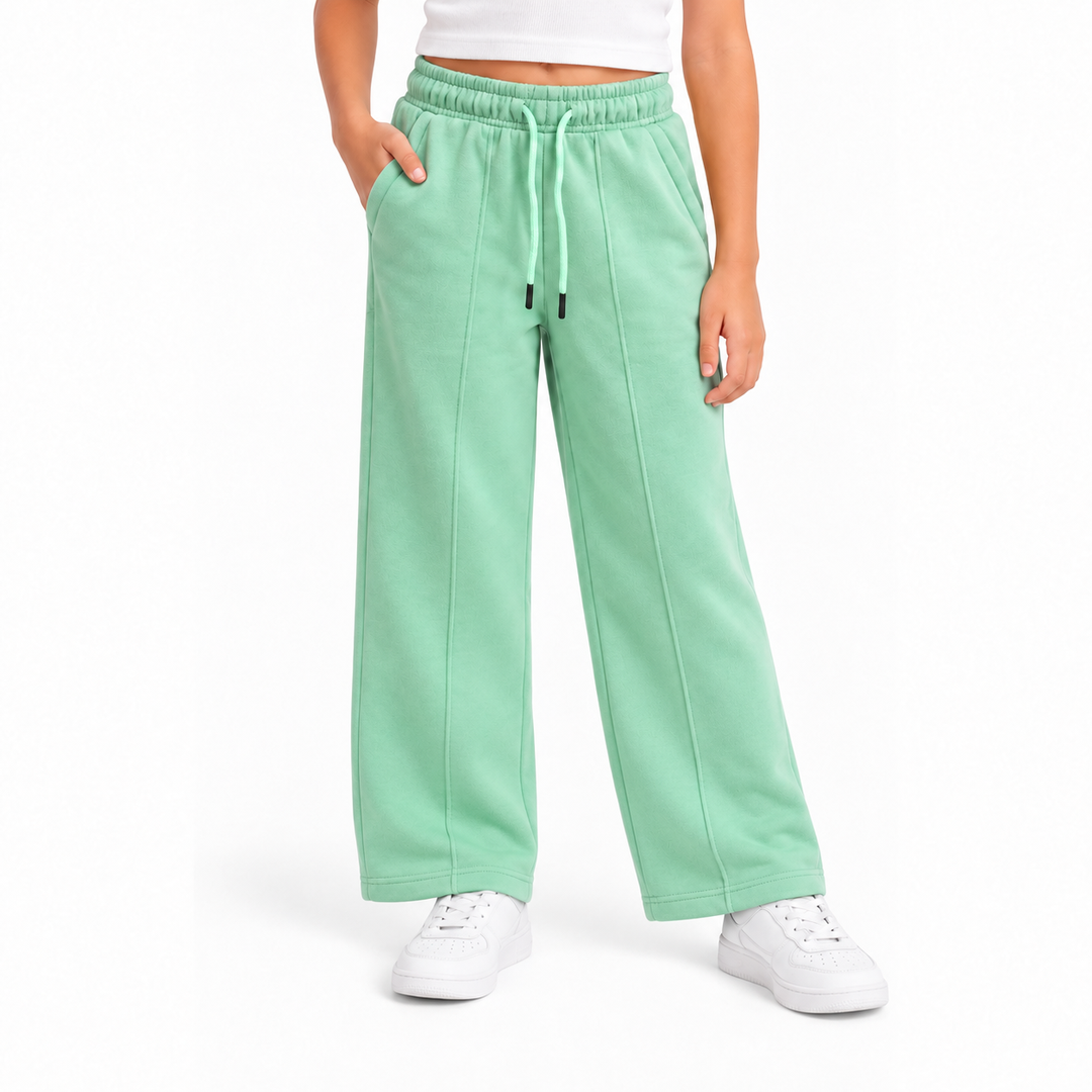 Girls' Wide Leg Sweatpants with Front Darts in Mint — model view, style 26632302