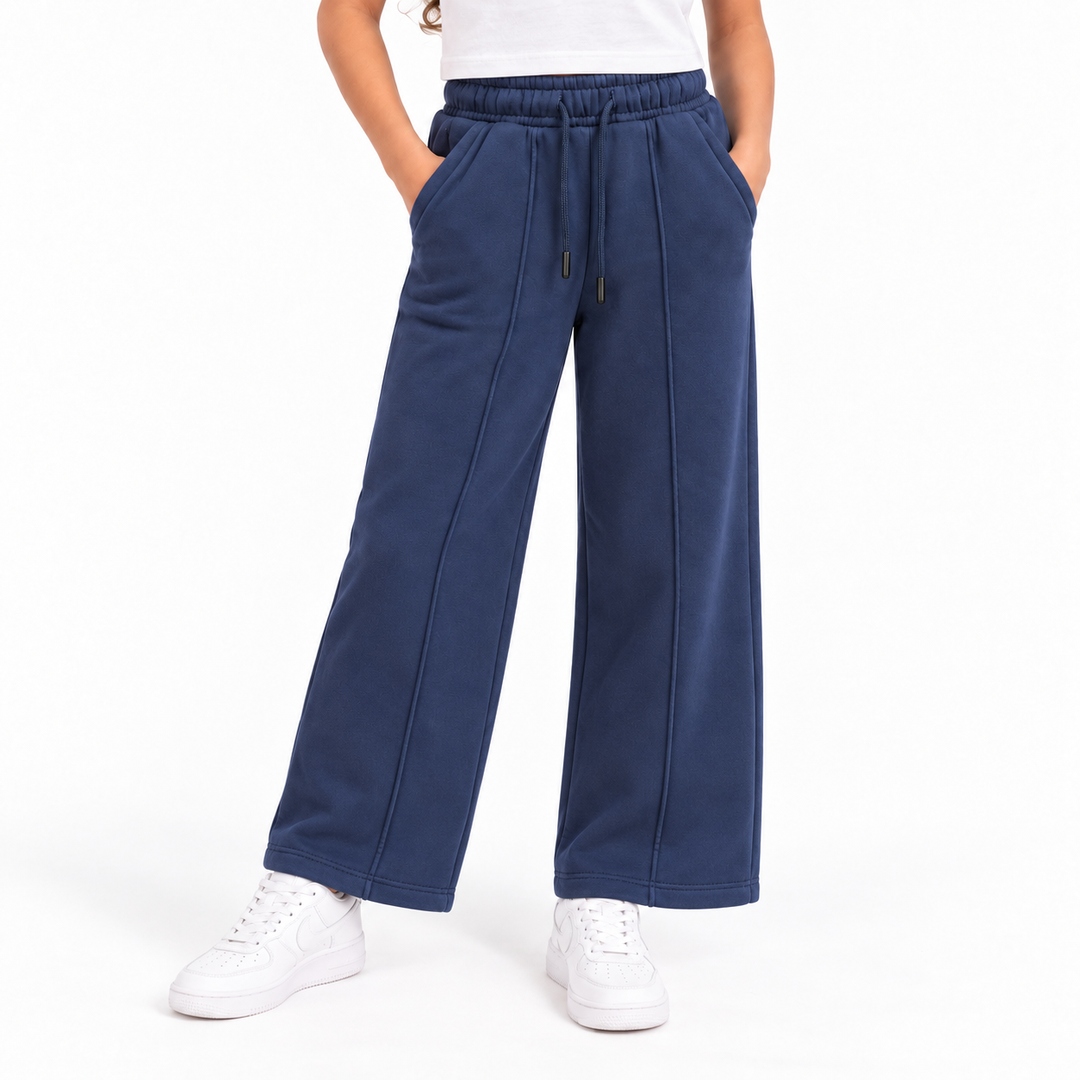 Girls' Wide Leg Sweatpants with Front Darts in Navy — model view, style 26632302