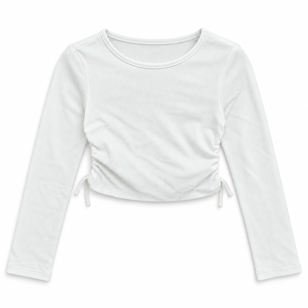 Girls' Long Sleeve Ruched T-Shirt in Offwhite — flat view, style 26842305