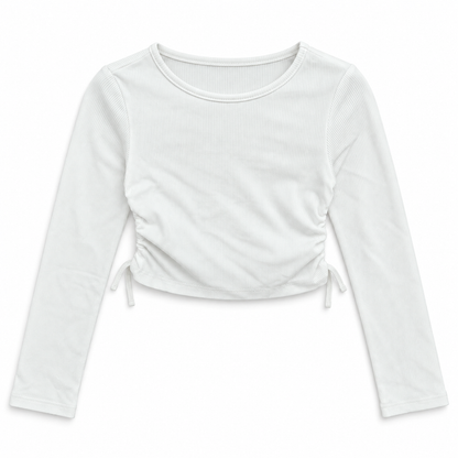 Girls' Long Sleeve Ruched T-Shirt in Offwhite — flat view, style 26842305