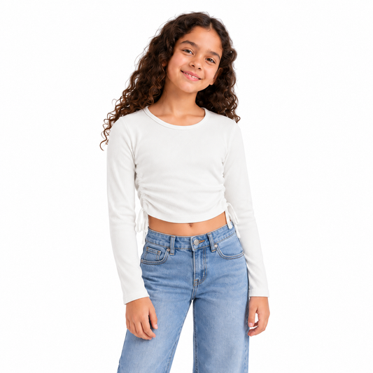 Girls' Long Sleeve Ruched T-Shirt in Offwhite — model view, style 26842305