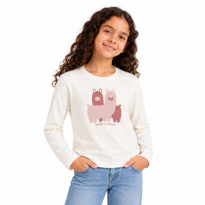 Girls' Llama Graphic Long Sleeve T-Shirt in Colors — model view, style 26842309