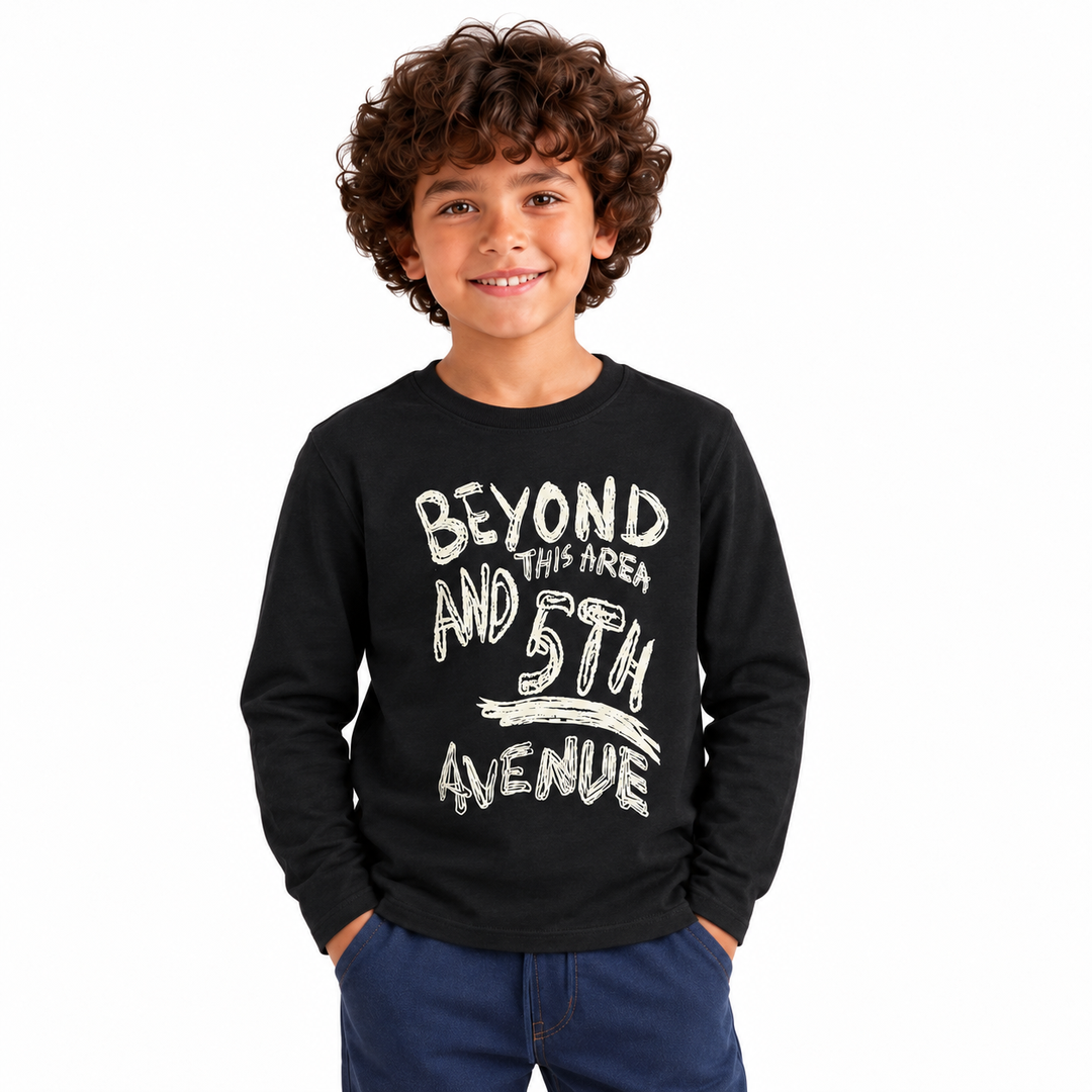 Boys' Beyond 5th Avenue Long Sleeve T-Shirt in Black — model view, style 26842311