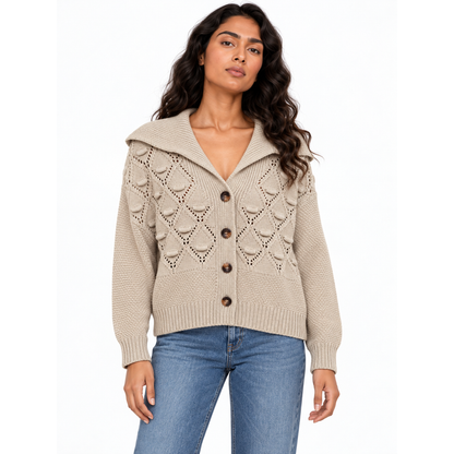 Women's Collared Pointelle Knit Cardigan in Beige on a model