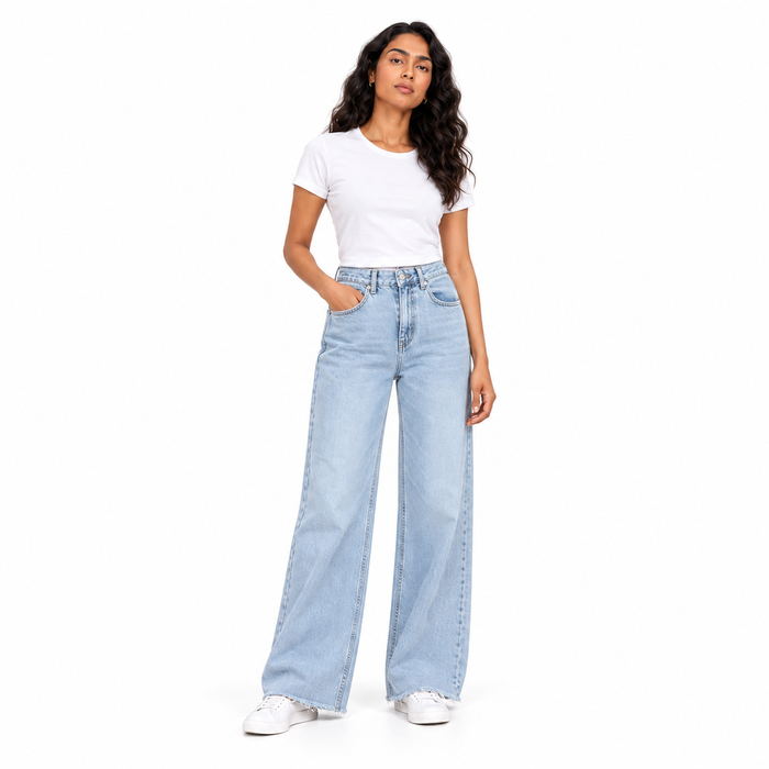 Women's Wide Leg Jeans in Light Blue on a model