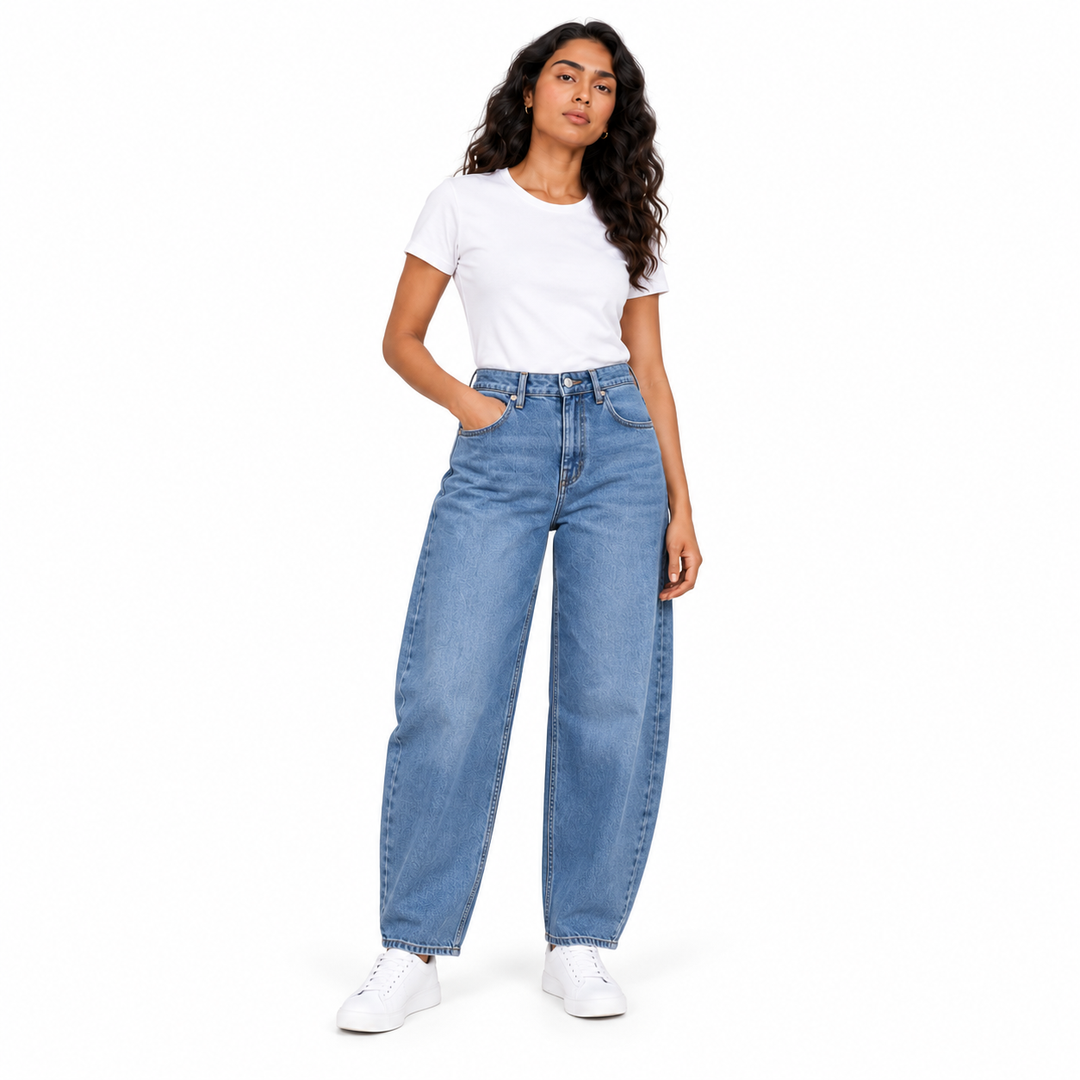 Women's Barrel Leg Jeans in Medium Blue on a model