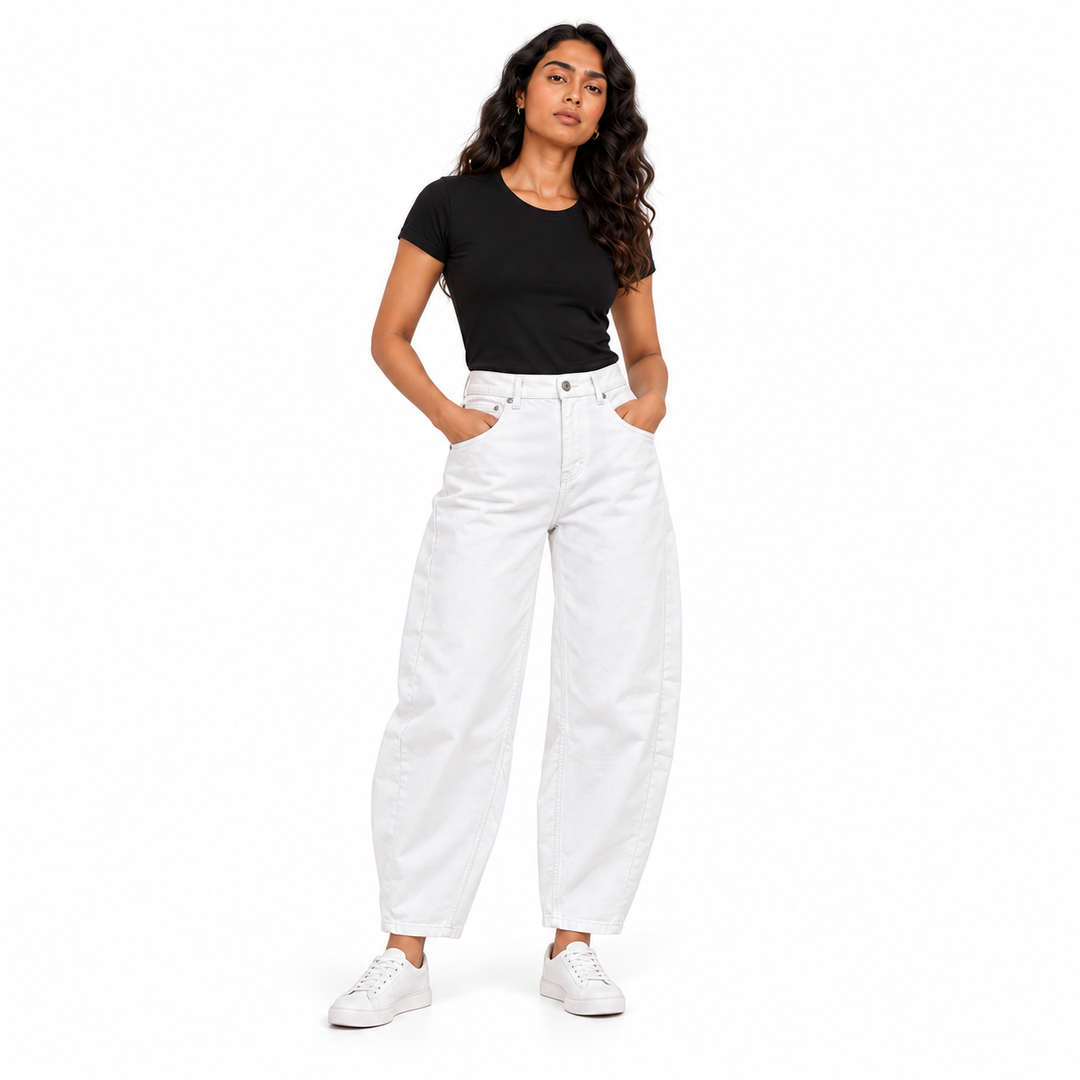 Women's Barrel Leg Jeans in White on a model