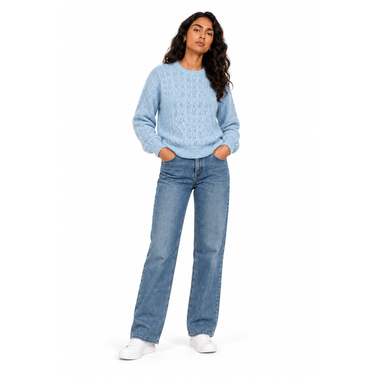 Women's Crew Neck Pointelle Knit Pullover in Sky on a model