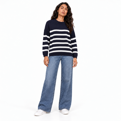 Women's Crew Neck Striped Knit Pullover in Navy on a model