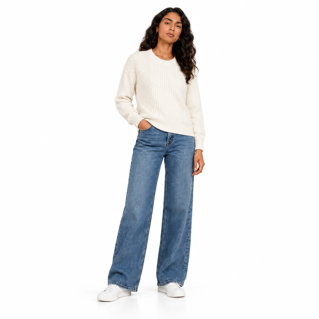 Women's Plain Crew Neck Knit Pullover in Cream on a model