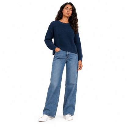 Women's Plain Crew Neck Knit Pullover in Navy on a model