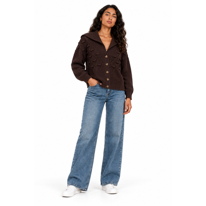 Women's Collared Pointelle Knit Cardigan in Brown on a model