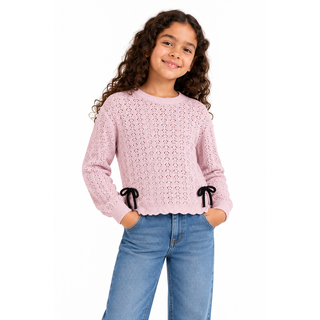 Girls' Pointelle Knit Pullover with Side Ties in Rose on a model