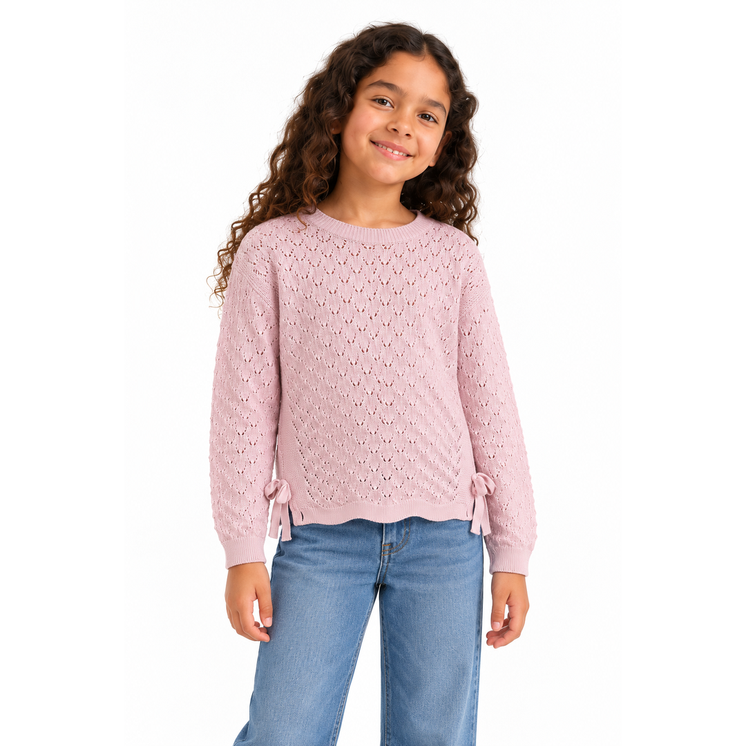 Girls' Pointelle Crew Neck Knit Pullover in Rose on a model