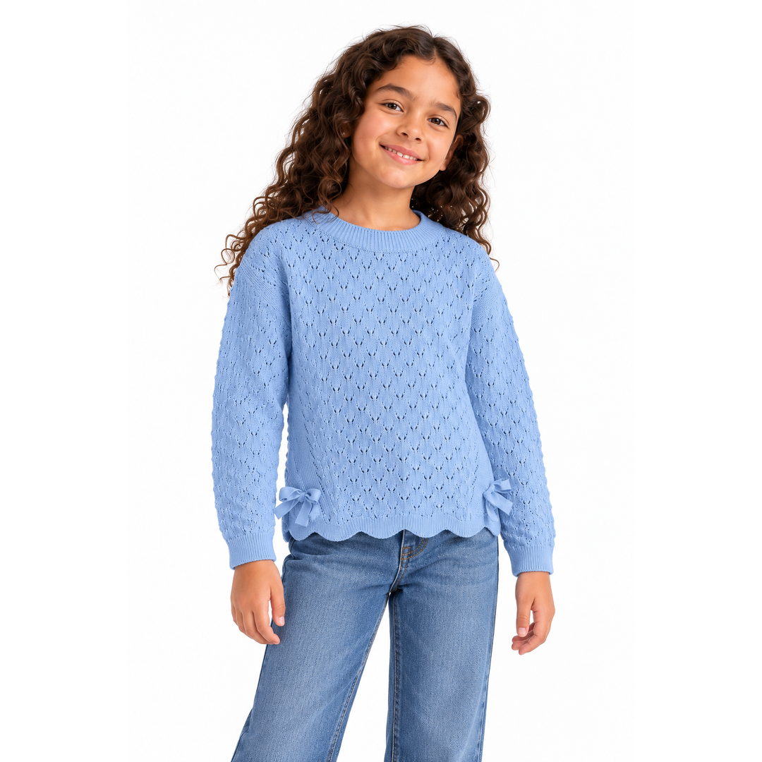 Girls' Pointelle Crew Neck Knit Pullover in Sky on a model