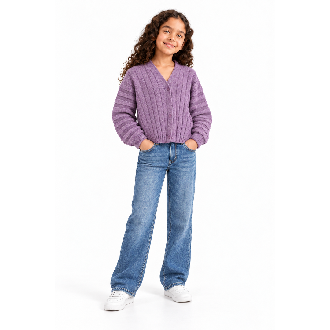 Girls' Cable Knit Button Cardigan in Purple on a model