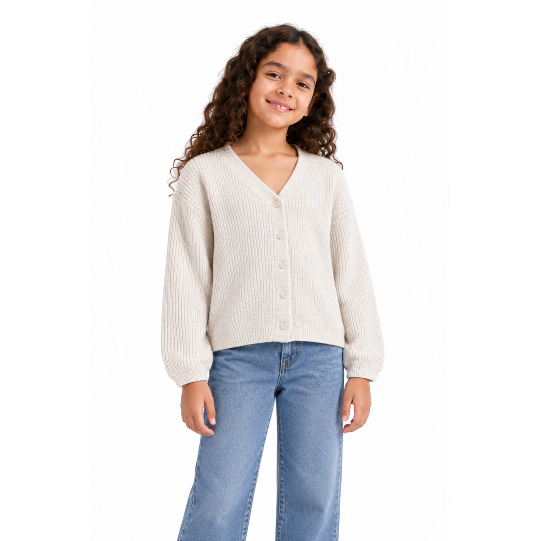 Girls' V-Neck Button Knit Cardigan in Cream on a model