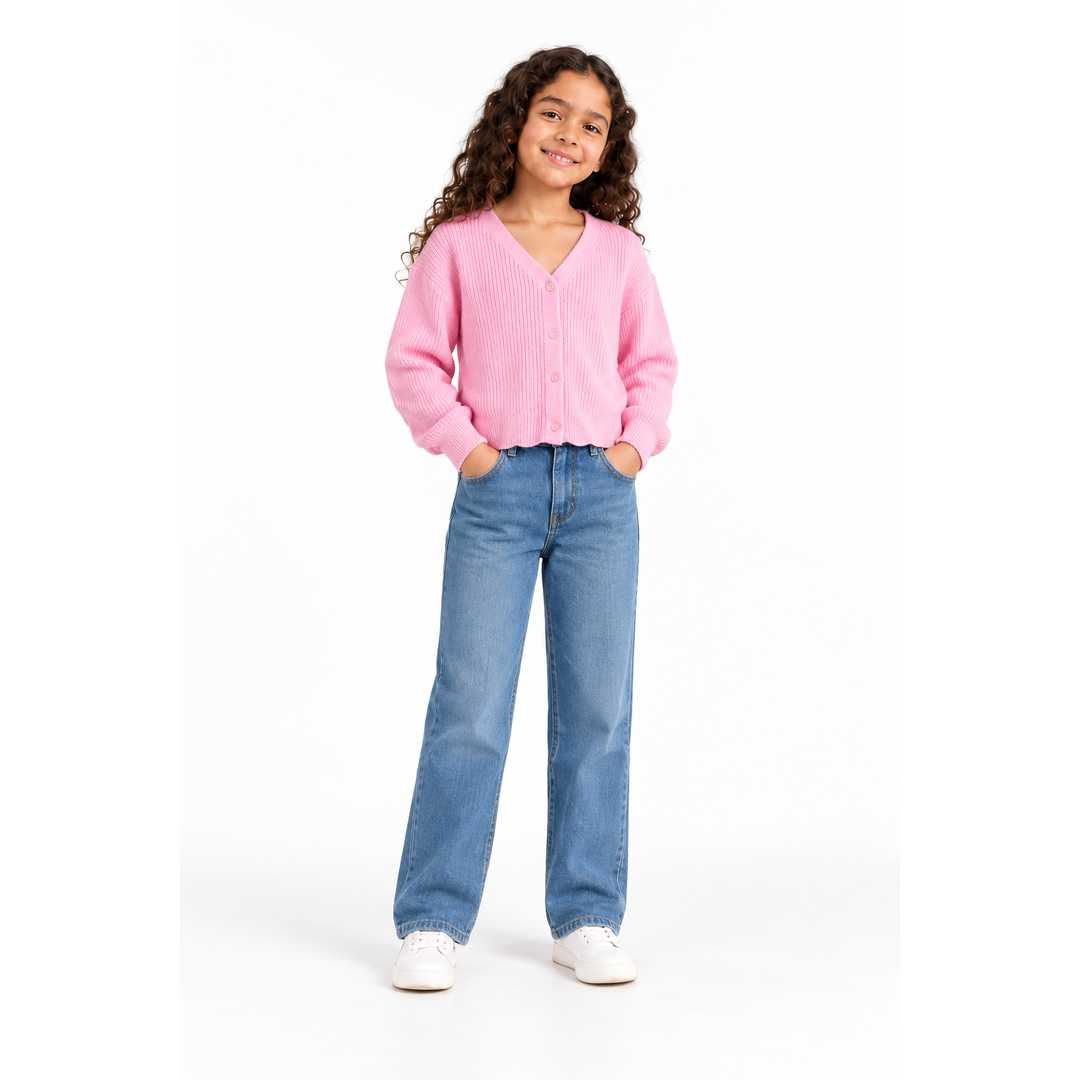 Girls' V-Neck Button Knit Cardigan in Pink on a model