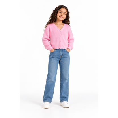 Girls' V-Neck Button Knit Cardigan in Pink on a model