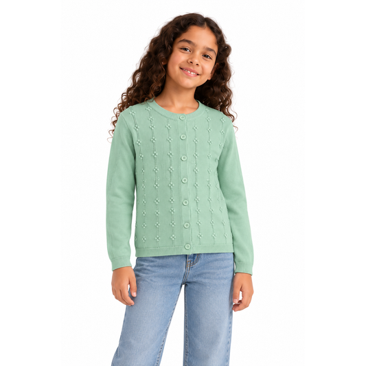 Girls' Pointelle Button Knit Cardigan in Light Green on a model