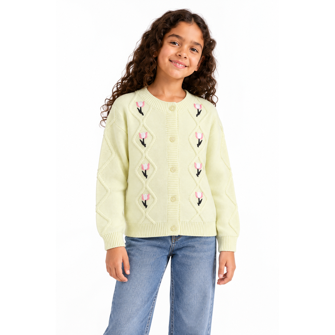 Girls' Embroidered Button Knit Cardigan in Yellow on a model