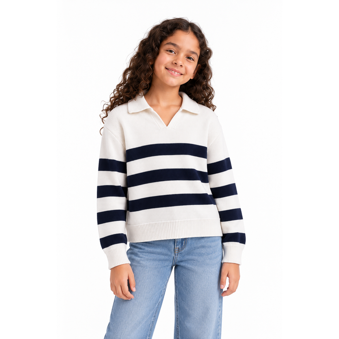 Girls' Striped Knit Polo in Navy on a model