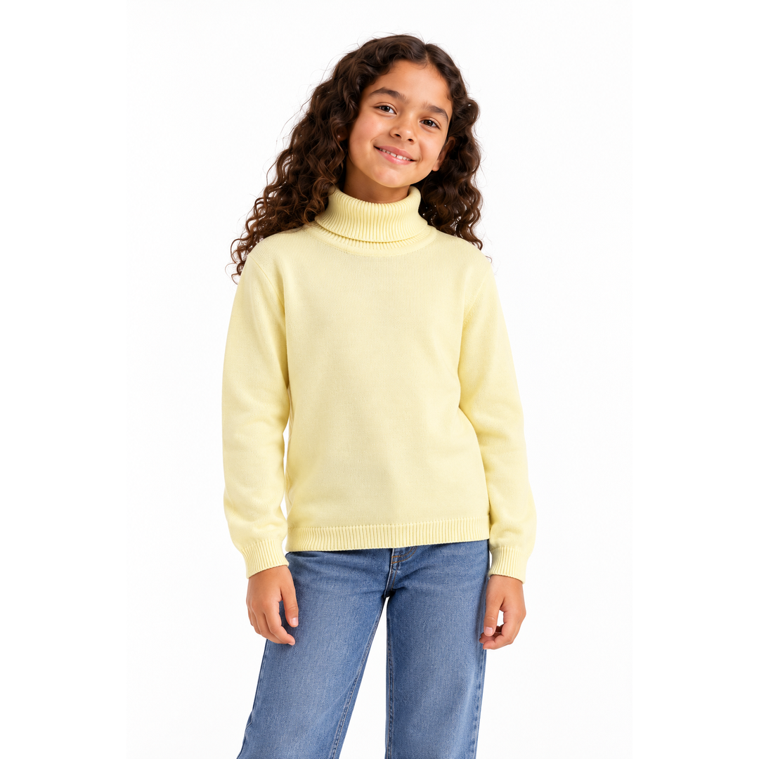 Girls' High Neck Knit Pullover in Light Yellow on a model