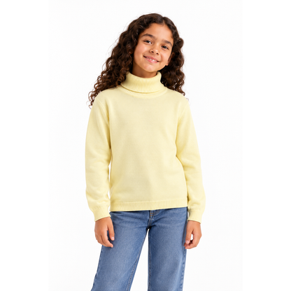Girls' High Neck Knit Pullover in Light Yellow on a model