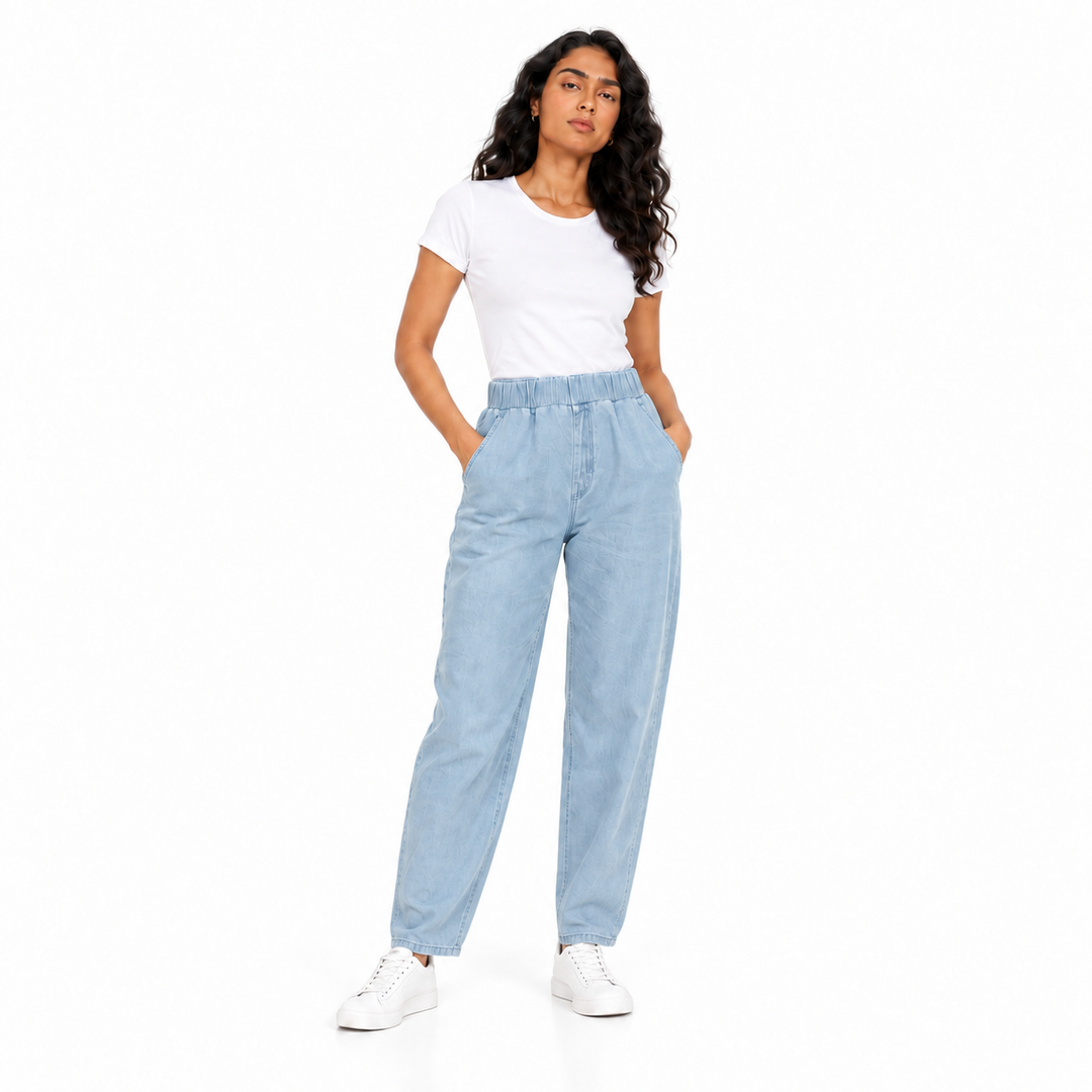 Women's Boyfriend Jeans in Sky Blue on a model