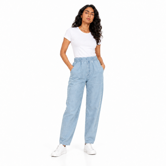 Women's Boyfriend Jeans in Sky Blue on a model
