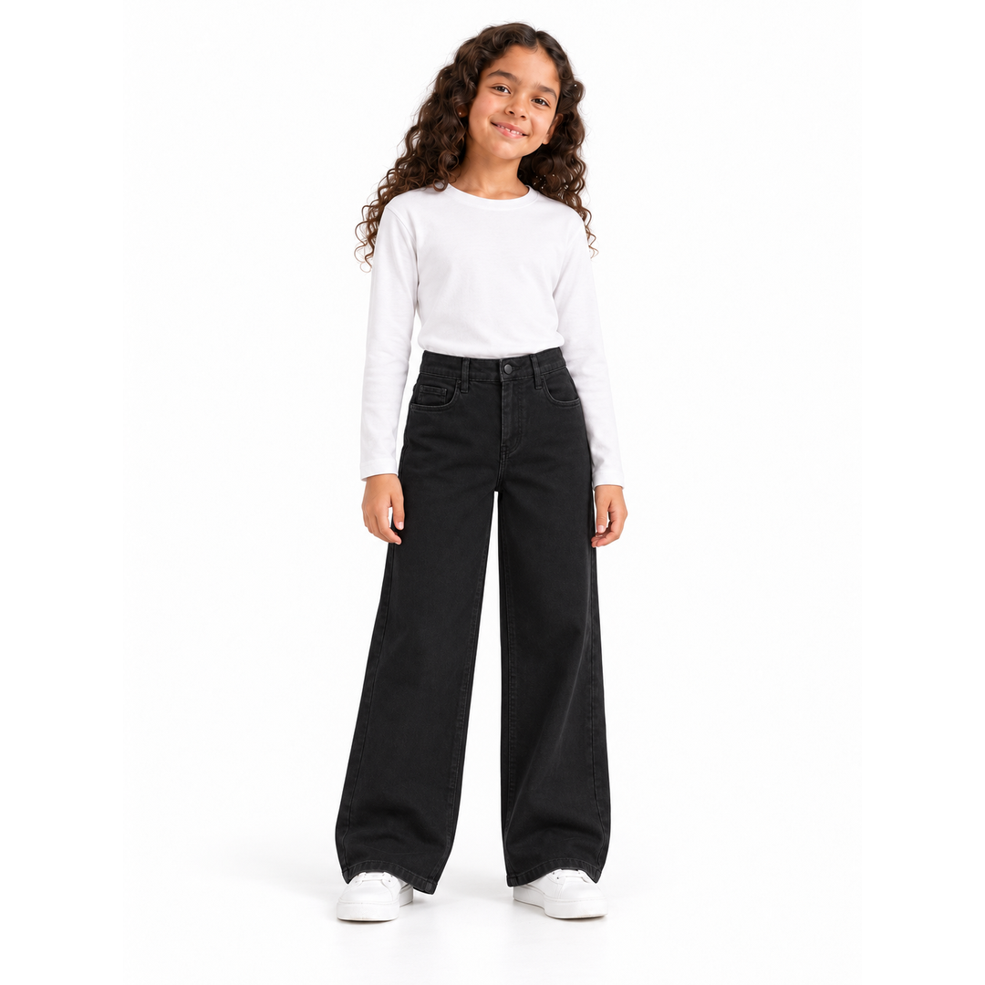 Girls' Wide Leg Pants in Black on a model