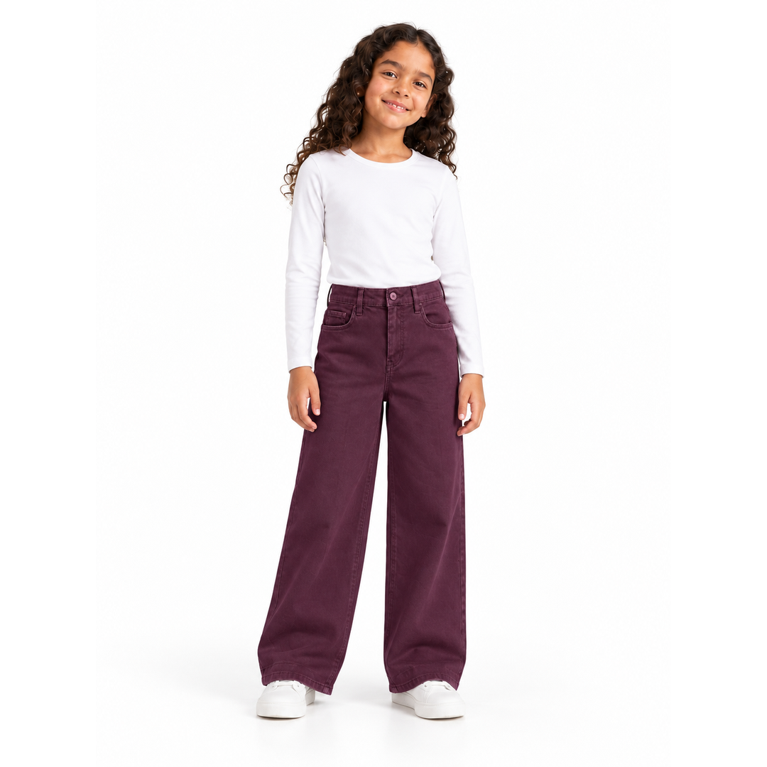 Girls' Wide Leg Pants in Burgundy on a model
