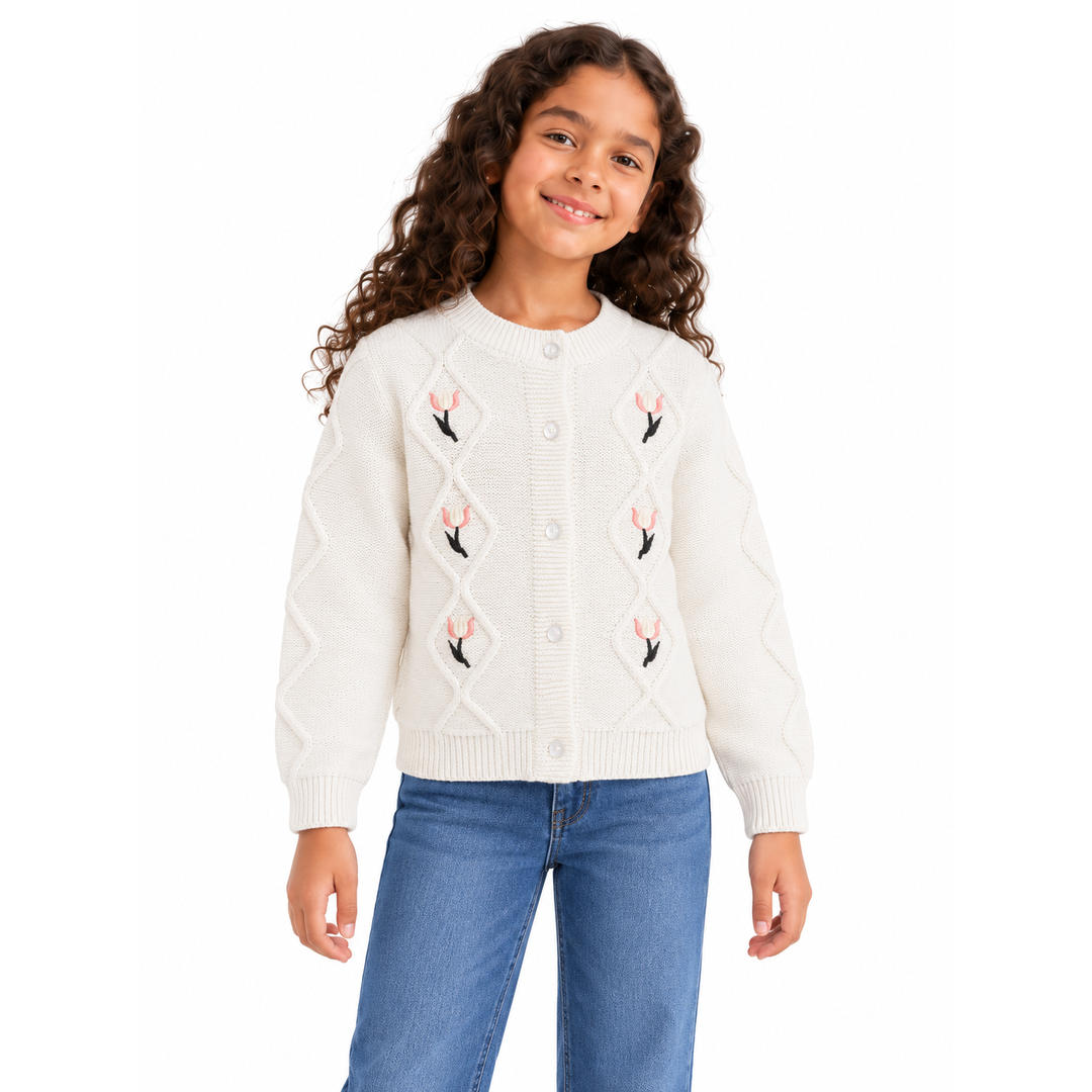 Girls' Embroidered Button Knit Cardigan in Cream on a model