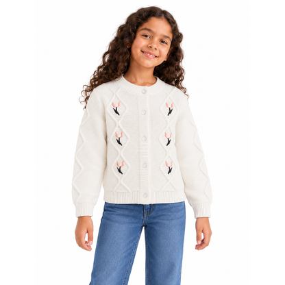 Girls' Embroidered Button Knit Cardigan in Cream on a model